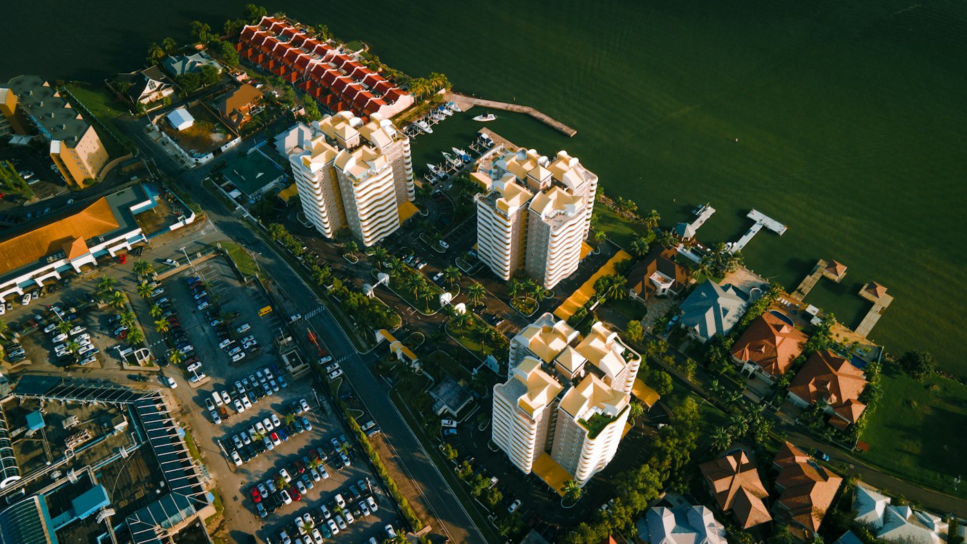 Aerial view of The Towers, Port of Spain, at night