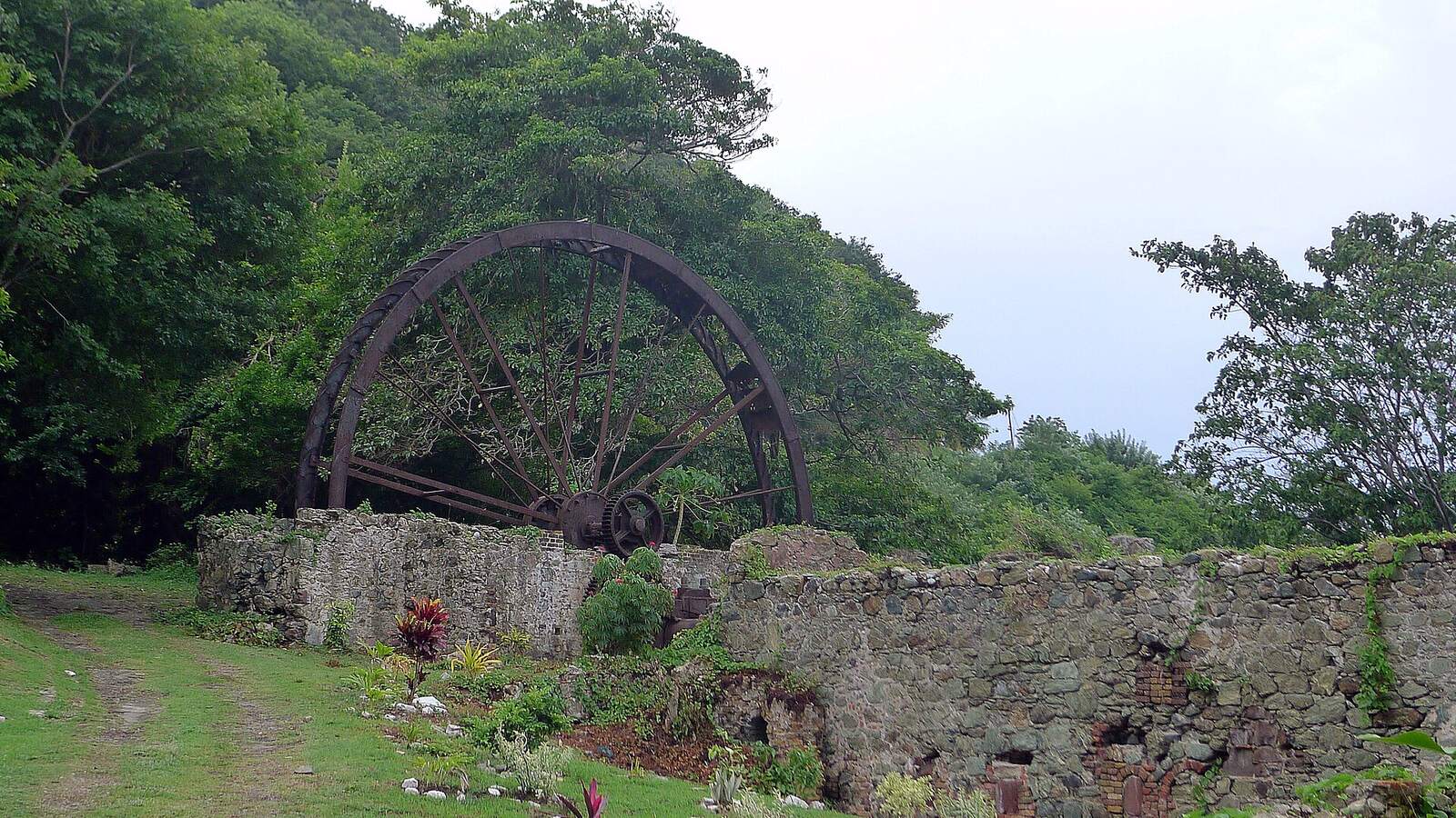Rusted iron water wheel standing over stone walls beside forest at Speyside, Tobago